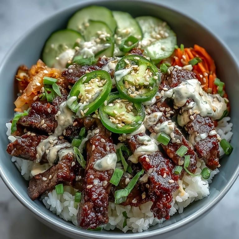 Spicy Korean Beef Power Bowl finished with jalapeños, sesame seeds, and a creamy drizzle of sriracha mayo.