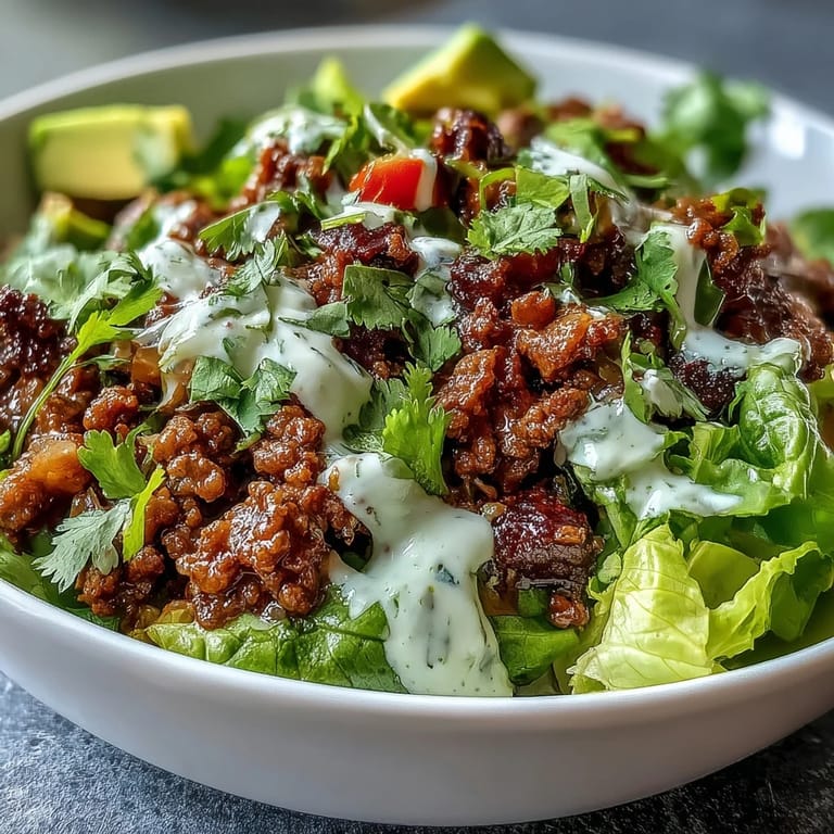 A deconstructed Healthy Taco Bowl topped with avocado slices and drizzled with creamy lime yogurt crema.