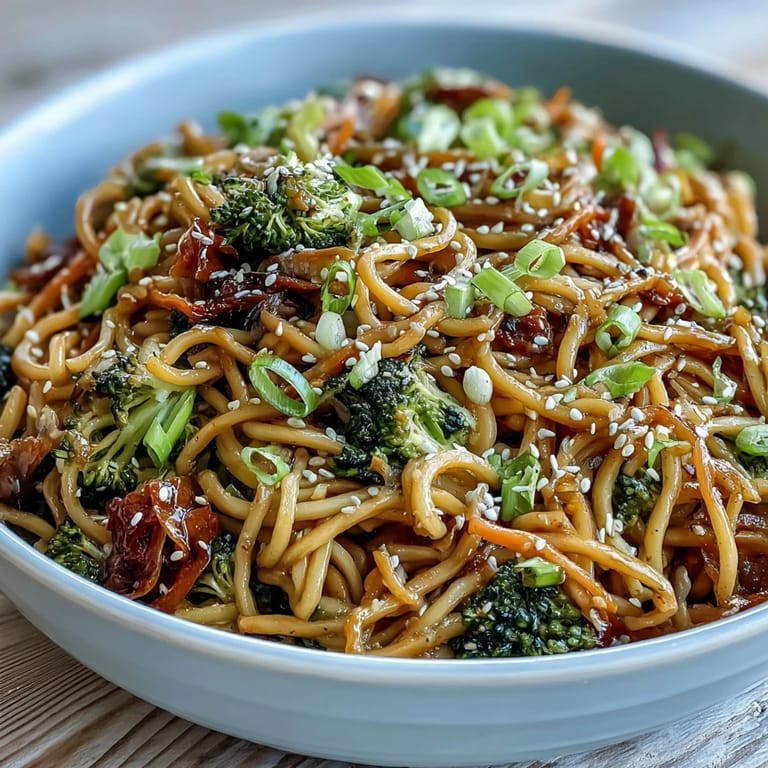 Garnished with green onions and sesame seeds, this vegetarian noodle bowl is ready to serve.