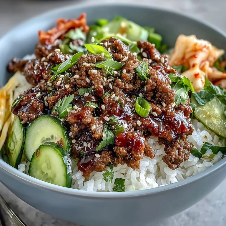 Vibrant Korean Beef Bowl featuring seasoned ground beef, tangy kimchi, crisp radish, and colorful pickled vegetables over fluffy white rice.  