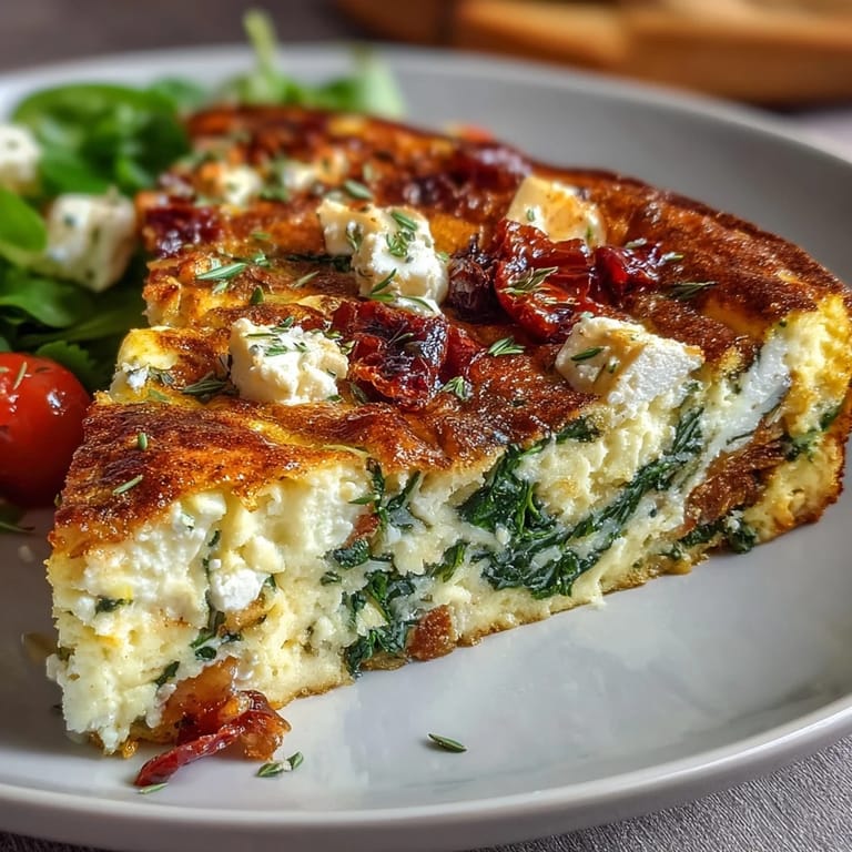 Wholesome spinach and feta frittata featuring juicy sun-dried tomatoes, baked to fluffy perfection and ideal for a light meal.