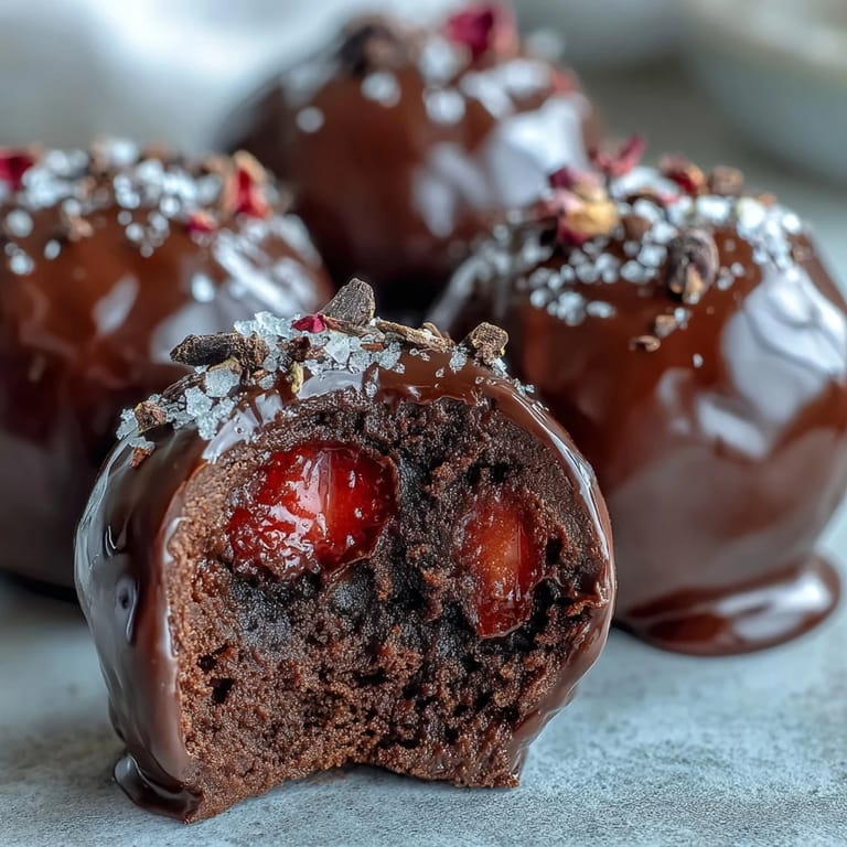 Bite-sized strawberry truffles inspired by Dubai, coated in glossy dark chocolate and spiced with cardamom.