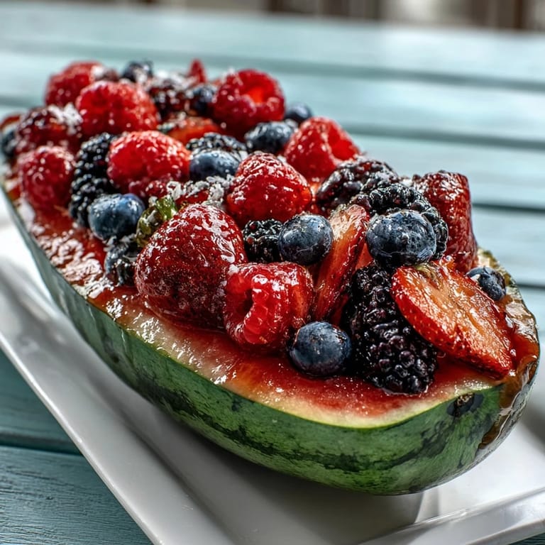 3. Elegant watermelon fruit platter featuring carved watermelon filled with berries and mint, ideal for parties, brunches, or a light and beautiful appetizer.