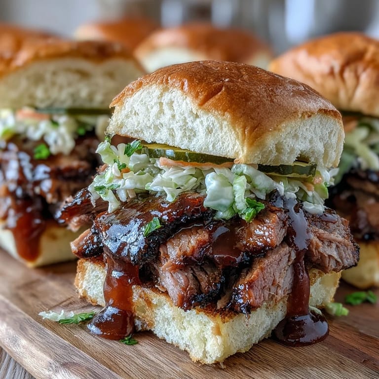 Juicy, slow-cooked brisket piled high on slider buns, drizzled with smoky BBQ sauce and topped with crunchy homemade coleslaw.
