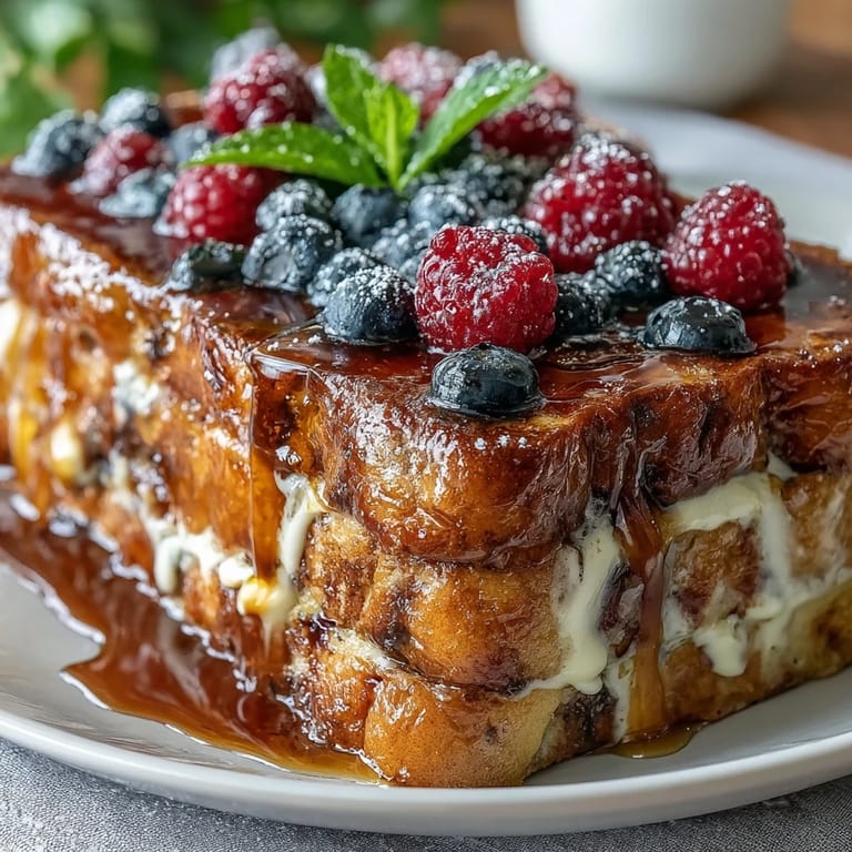 Golden-brown pancake casserole baked with juicy berries, dusted with powdered sugar, and served warm with maple syrup.