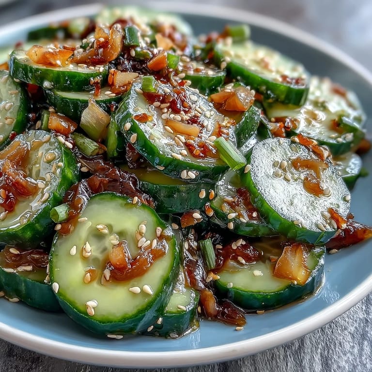 Refreshing sesame rice vinegar cucumber salad, crunchy cucumbers tossed with zesty dressing and garnished with cilantro and chili flakes.