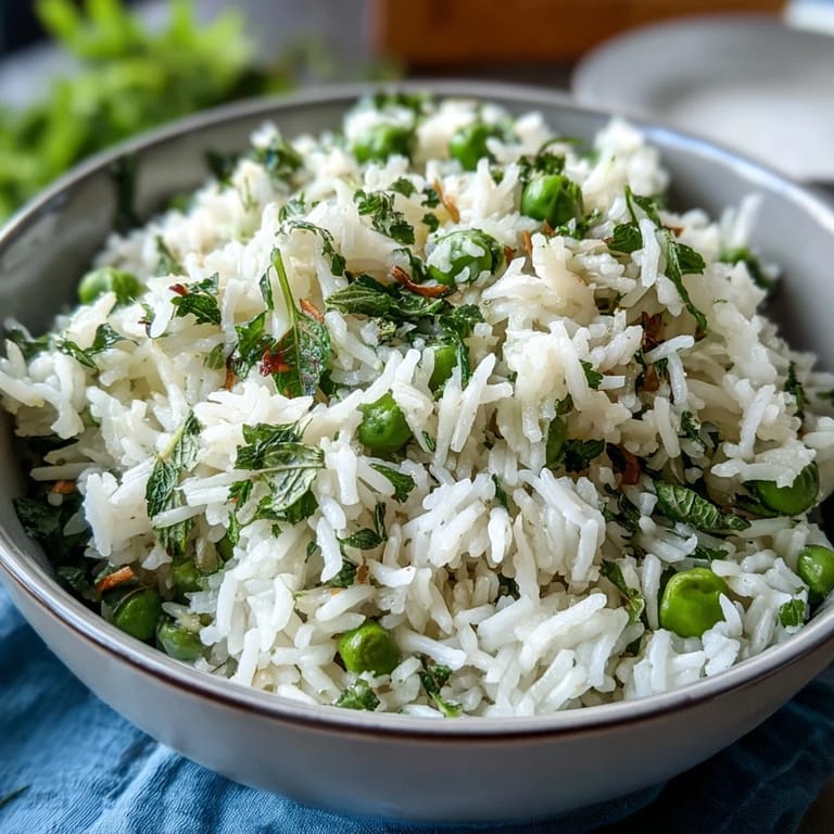 Close-up of fragrant Spring Pea and Mint Rice Pilaf, showcasing tender peas and bright green mint leaves mixed into fluffy rice.