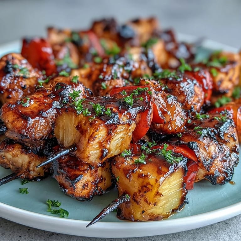 Colorful skewers of grilled chicken and sweet pineapple, marinated in tropical flavors, ideal for outdoor dining.