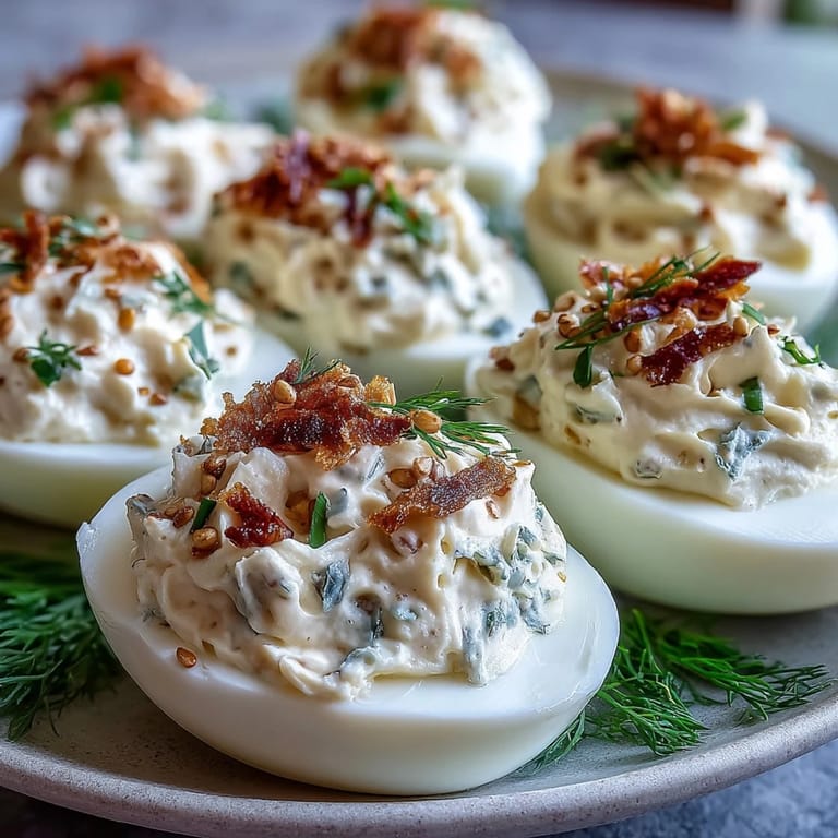 Rich deviled eggs with smoked salmon and everything bagel seasoning, a delicious bite-sized treat.