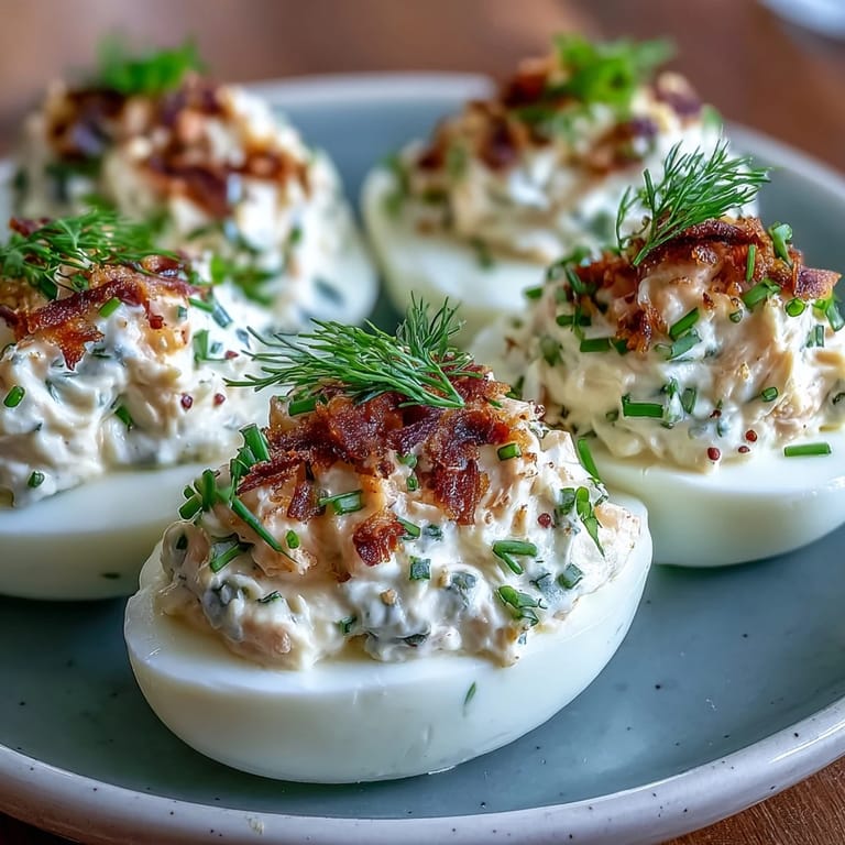 Smoked salmon deviled eggs garnished with everything seasoning, offering a savory and elegant appetizer.