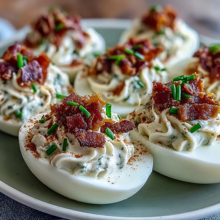 Golden deviled eggs filled with bacon and ranch-flavored yolk, topped with chives and paprika for a festive holiday spread.