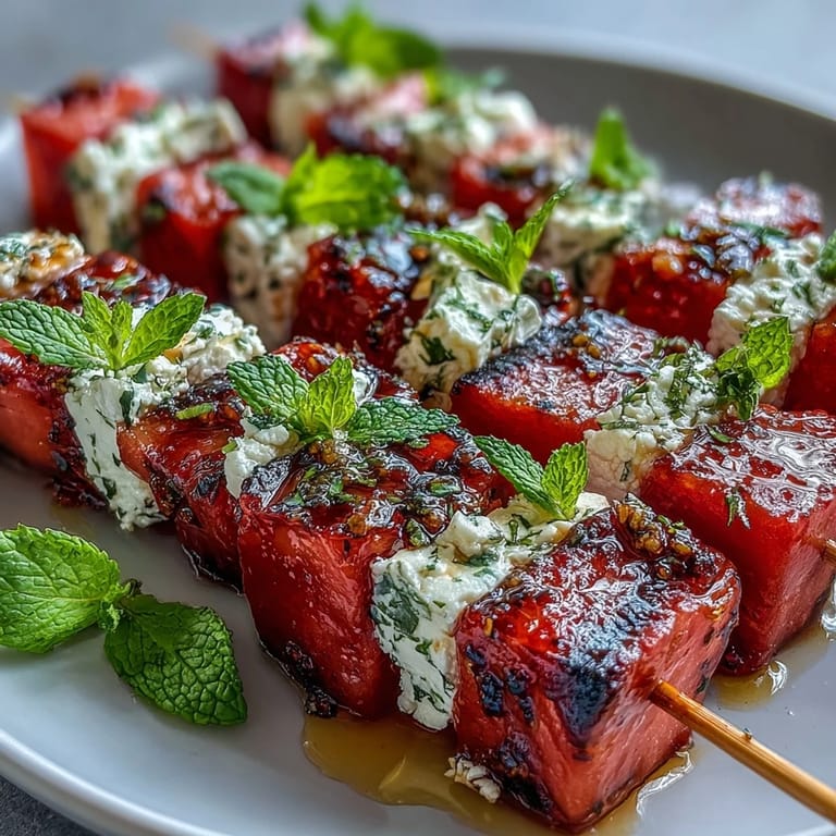 Colorful watermelon feta mint skewers, a vibrant vegetarian snack ideal for picnics and gatherings.