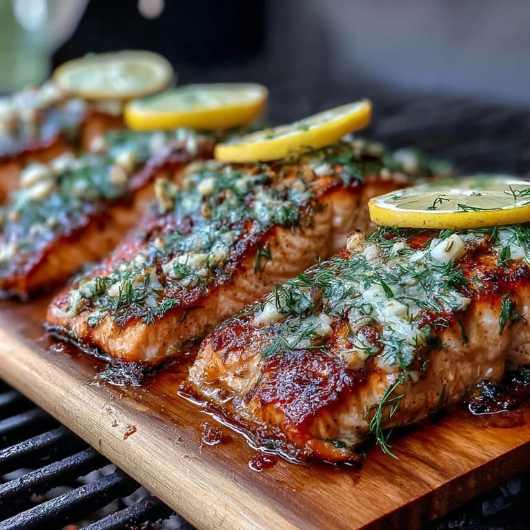 Tender salmon fillets on cedar planks infused with garlic and dill, grilled until smoky and garnished with fresh herbs for a stunning main course.