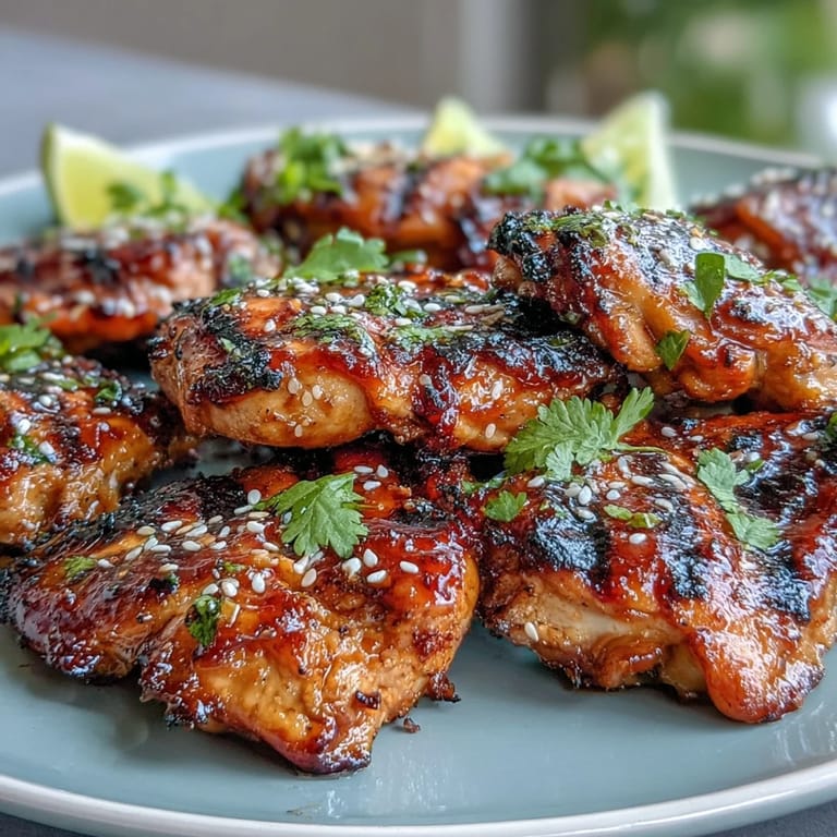 Juicy chicken thighs marinated in honey sriracha sauce, grilled to perfection with a spicy-sweet char and fresh cilantro.