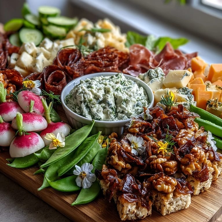 Elegant spring charcuterie board with radishes, peas, herb dip, and assorted cheeses, ideal for gatherings or a light grazing platter.