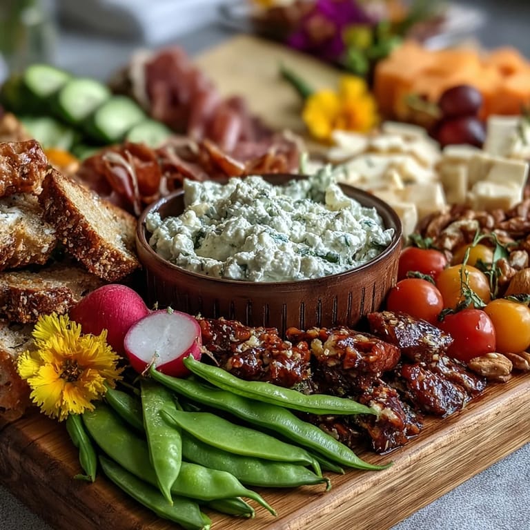 Colorful charcuterie board with sliced radishes, snap peas, and creamy herb dip, perfect for entertaining or a fresh snack spread.