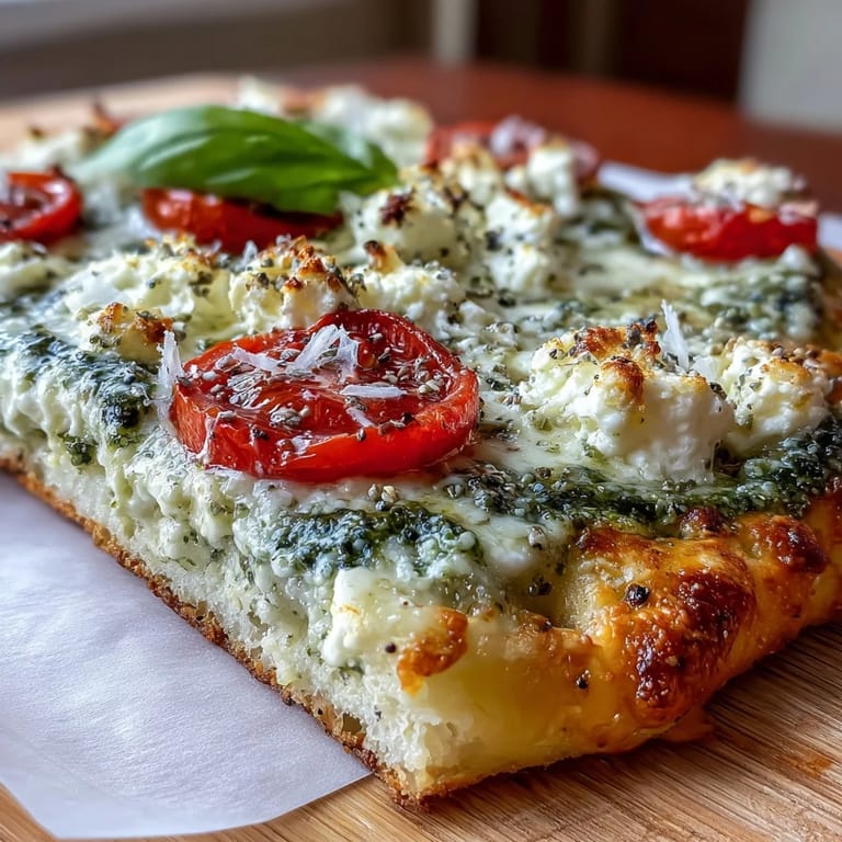 High-protein cottage cheese flatbread topped with fresh basil pesto, juicy cherry tomatoes, and parmesan, served as a light vegetarian meal.