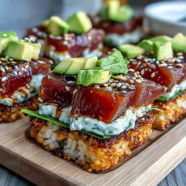 Golden fried crispy rice squares topped with creamy avocado and zesty spicy tuna in a vibrant, fresh salad.  