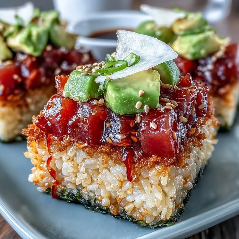 A Japanese-inspired fusion salad featuring crunchy crispy rice, rich avocado, and bold spicy tuna for a satisfying main dish.