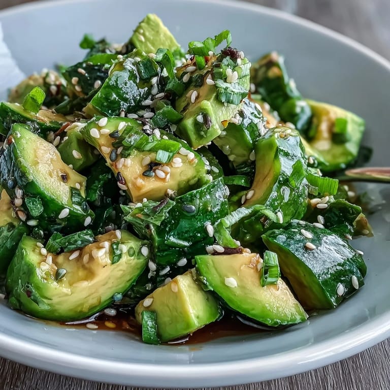 Creamy avocado cubes and crisp smashed cucumbers tossed with sesame dressing, garnished with toasted sesame seeds for a nutty crunch.