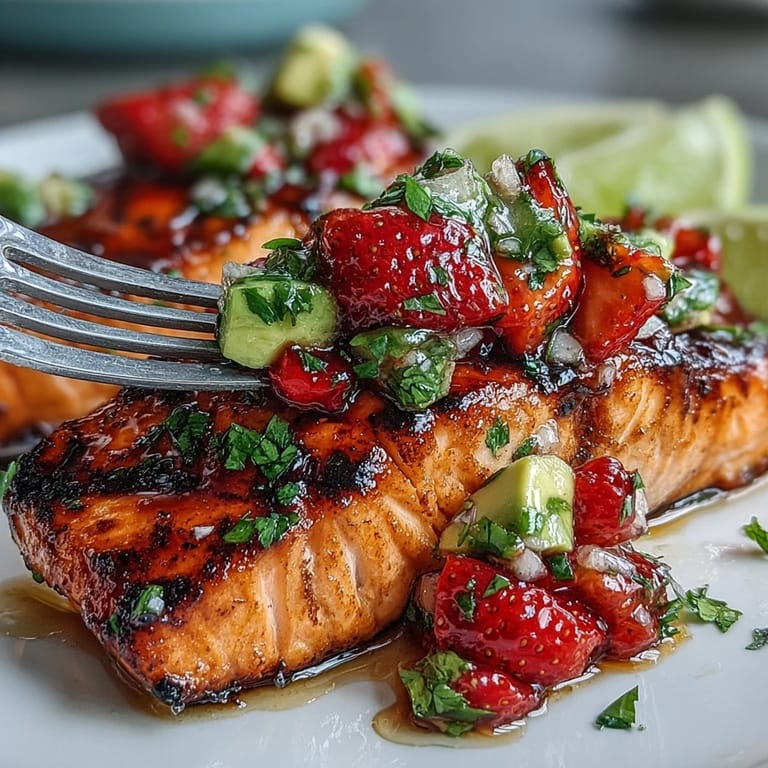 Juicy grilled salmon fillets topped with a refreshing strawberry avocado salsa, perfect for a light and satisfying dinner.