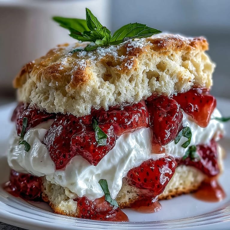 Golden shortcake biscuits layered with macerated strawberries, basil, and airy vanilla whipped cream.  