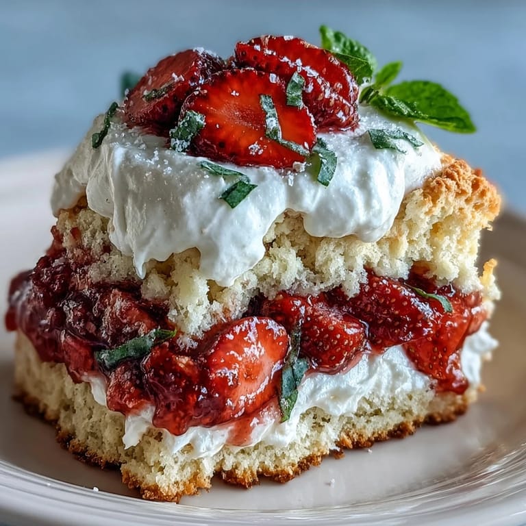Buttery biscuits piled high with juicy strawberries, fragrant basil, and a cloud of whipped cream.