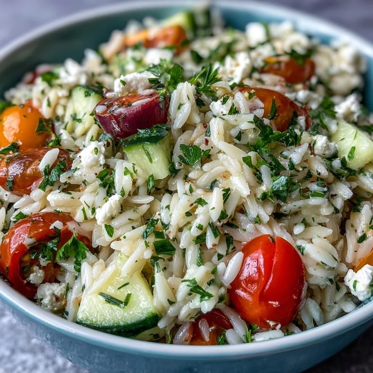 Lemon-kissed orzo salad featuring crumbled feta and crisp vegetables, perfect for lunch.