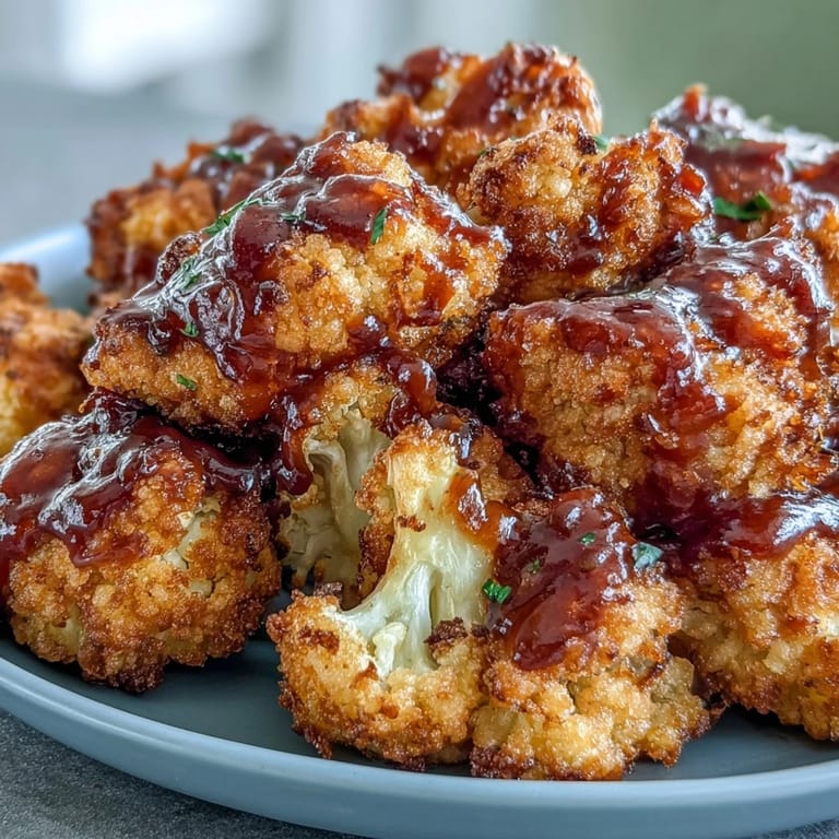 Oven-baked vegan BBQ cauliflower wings coated in smoky sauce, ready to dip.
