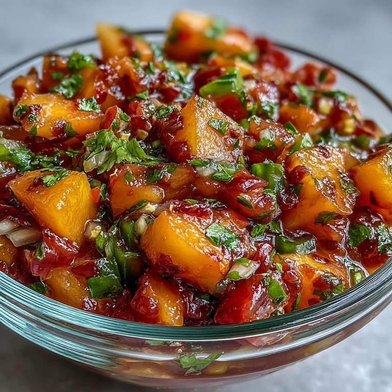 Colorful peach jalapeño salsa bursting with fresh flavor, ready to serve.