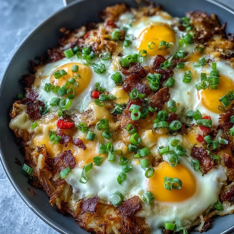 Golden brown loaded hash brown skillet ready to serve, a delicious morning meal.