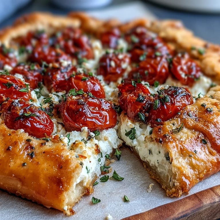 Rustic galette with bright roasted tomatoes, creamy feta, and flaky pastry.