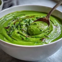 Creamy Courgette, Pea and Pesto Soup served in a rustic bowl with a basil garnish.