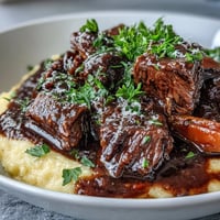 Tender chunks of venison in a rich sloe gin sauce, served over creamy Parmesan polenta in a rustic bowl.