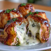 Golden-brown pan-fried Chīzu Imomochi dumplings glistening with sticky soy-honey glaze, served warm on a white plate. 