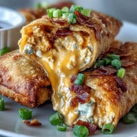 Golden, crispy Buffalo Chicken Dip Egg Rolls filled with melty cheddar and spicy chicken, served with ranch.