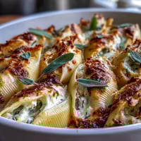 Golden-brown Pumpkin & Gouda Stuffed Shells bubbling in a baking dish with crisped sage leaves on top.
