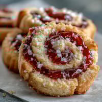 Golden Raspberry Swirl Shortbread Cookies with crisp edges and jam-filled centers on a cooling rack.