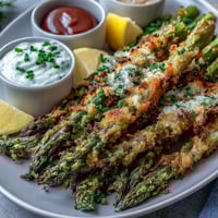 Golden, crispy panko and Asiago-crusted Crispy Asparagus Asiago Spears bake on a parchment-lined tray, garnished with parsley and lemon wedges. 