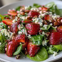 Fresh strawberry spinach salad with poppyseed dressing in a large white bowl, topped with sliced strawberries, crumbled feta, and toasted almonds.