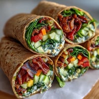 Vibrant Rainbow Veggie Wraps filled with crisp bell peppers, carrots, and spinach for a healthy lunch.