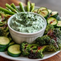 A vibrant green snack board with cucumber, snap peas, and creamy avocado ranch dip for dipping.