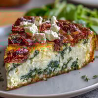 Fluffy spinach and feta frittata with sun-dried tomatoes, baked until golden and bursting with Mediterranean flavor.  