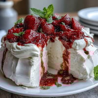 Strawberry Pavlova with Whipped Cream: A crisp meringue base topped with fluffy whipped cream and juicy fresh strawberries, creating a perfect balance of textures and flavors.
