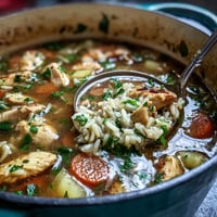 A steaming bowl of Easy Chicken and Rice Soup, brimming with tender chicken, fluffy rice, and colorful vegetables in a savory broth.