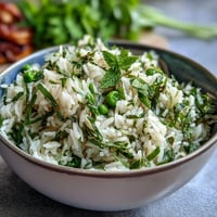 Spring Pea and Mint Rice Pilaf in a white bowl, garnished with fresh mint and lemon wedges, served as a vibrant side dish.