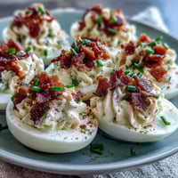 Crispy bacon and creamy ranch deviled eggs, garnished with fresh chives and paprika, perfect for Easter brunch or parties.