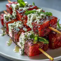 Juicy watermelon, creamy feta, and fresh mint skewers drizzled with olive oil, perfect for summer parties.  