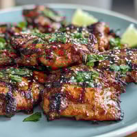 Grilled honey sriracha chicken thighs with caramelized glaze and sesame garnish, perfect for summer barbecues.