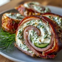 Ham, cream cheese, and pickle pinwheels: a savory appetizer of smoky ham wrapped around tangy pickles and creamy cheese, sliced into bite-sized rolls.